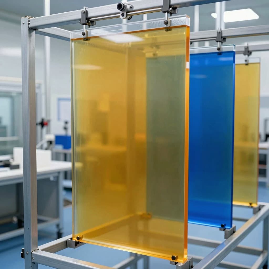 Colored PMMA syrup polymerizing inside glass molds in a cast acrylic plant