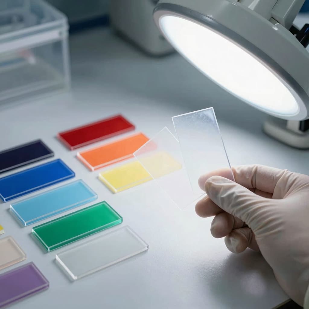 Color matching of dyed acrylic samples on a lab light table